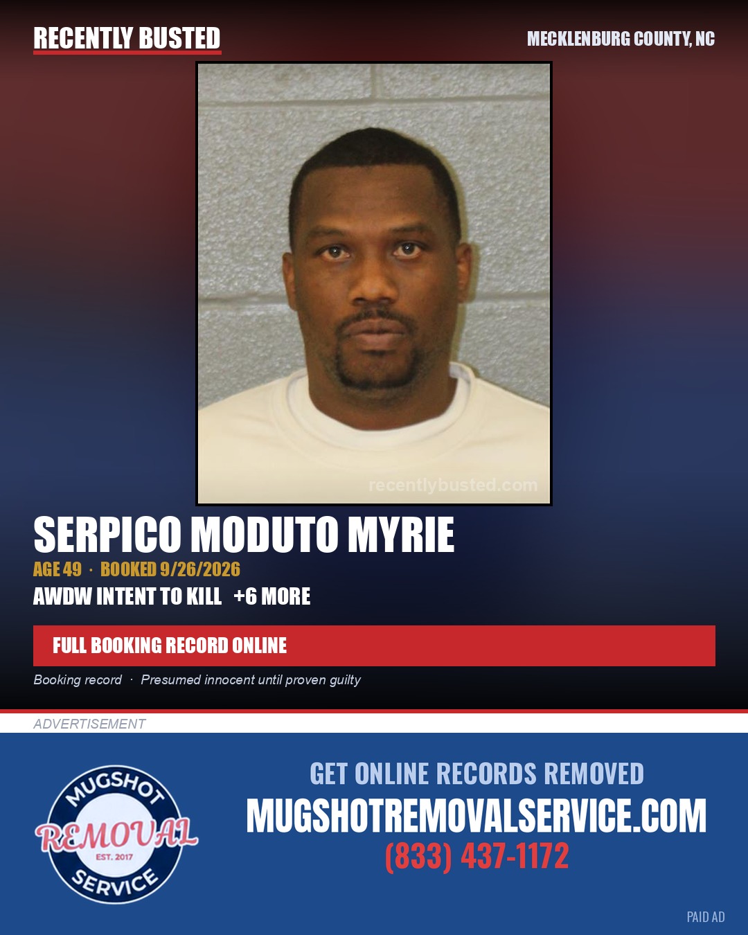 SERPICO MODUTO MYRIE — arrest record card, Mecklenburg County, North Carolina