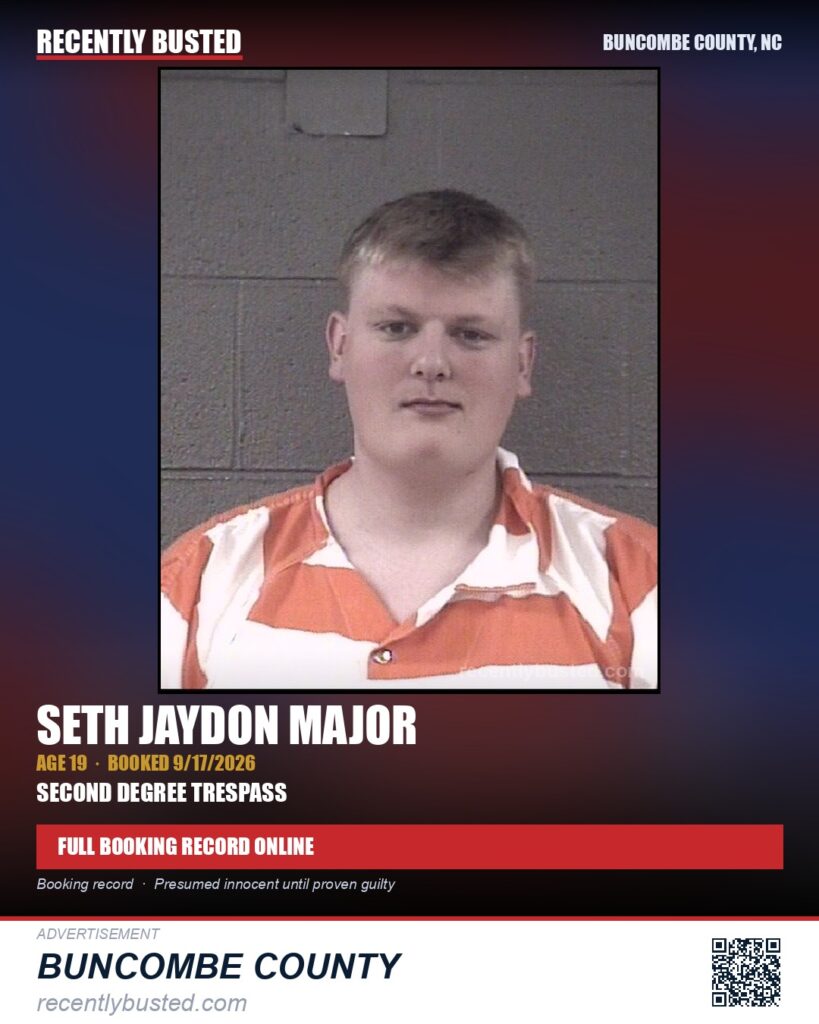 SETH JAYDON MAJOR — arrest record card, Buncombe County, North Carolina