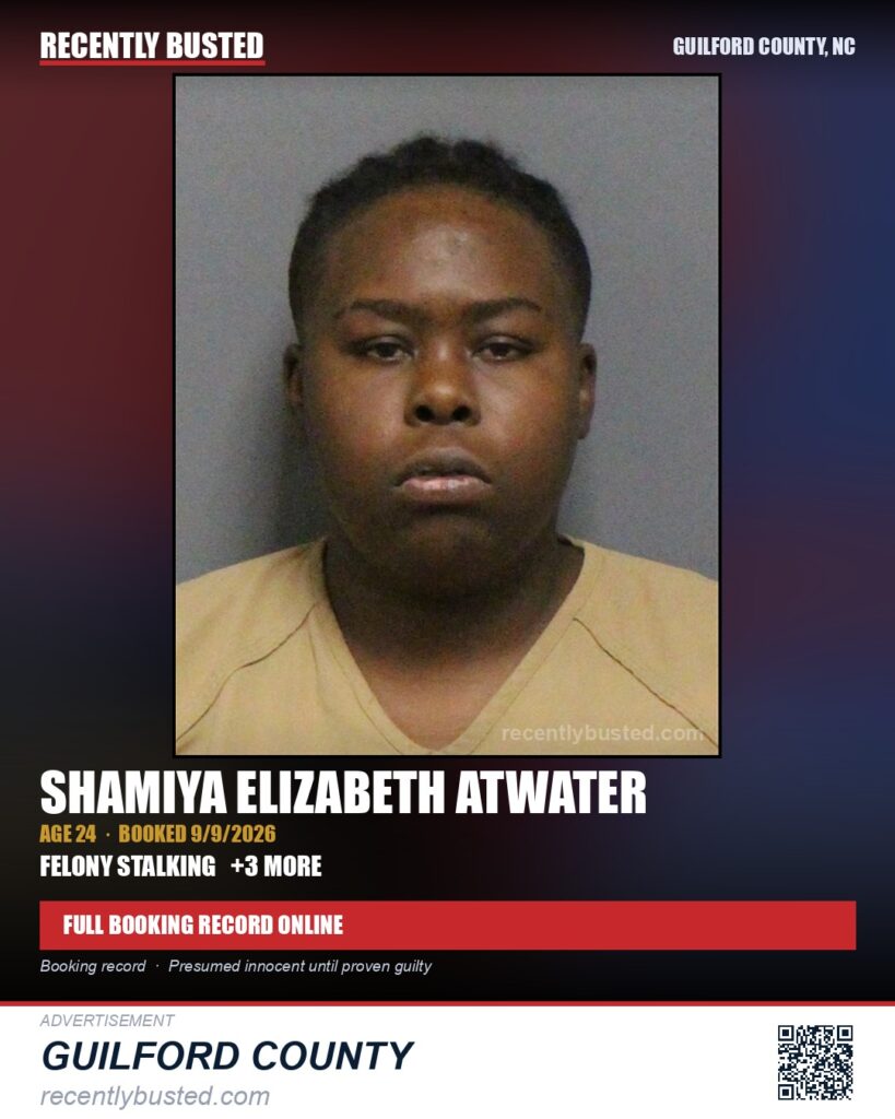 SHAMIYA ELIZABETH ATWATER — arrest record card, Guilford County, North Carolina