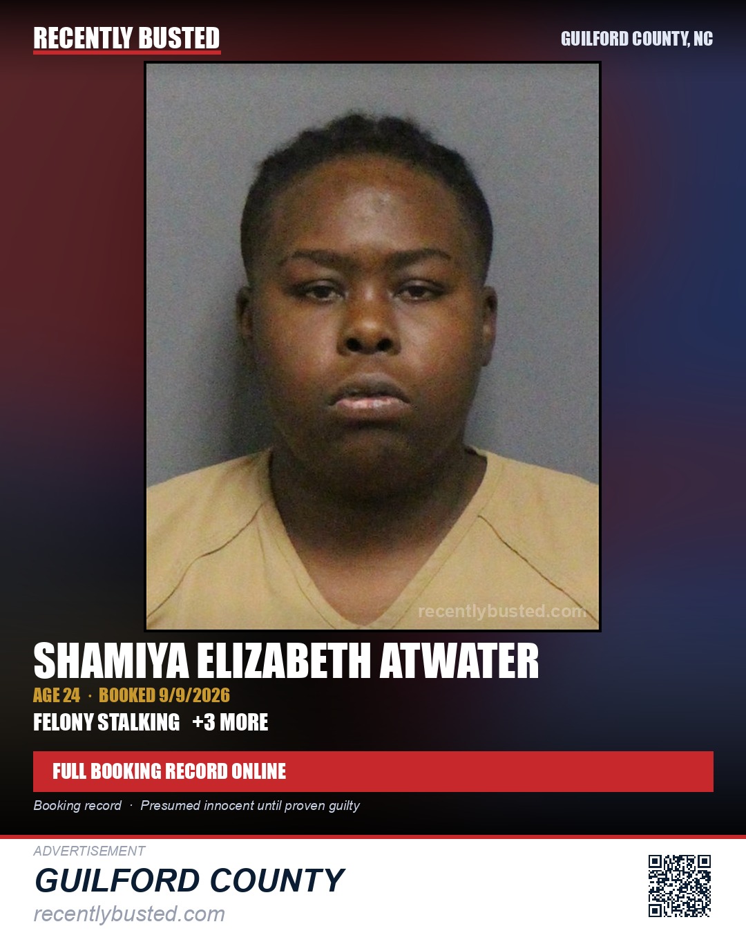 SHAMIYA ELIZABETH ATWATER — arrest record card, Guilford County, North Carolina