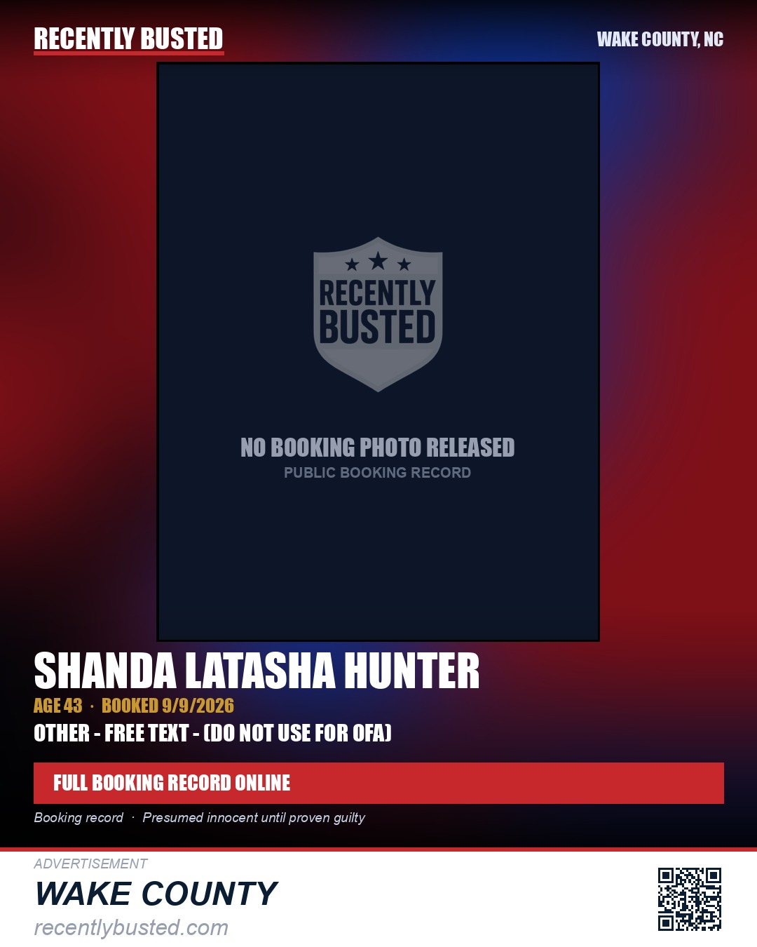 SHANDA LATASHA HUNTER — arrest record card, Wake County, North Carolina