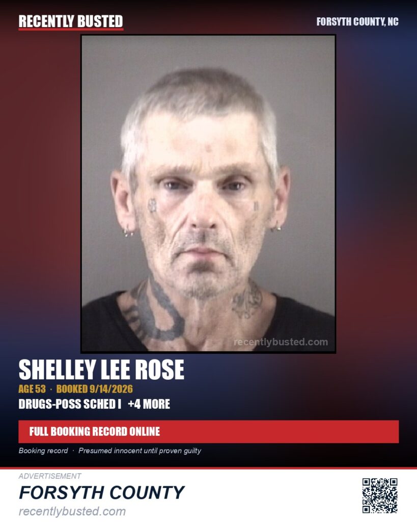 SHELLEY LEE ROSE — arrest record card, Forsyth County, North Carolina