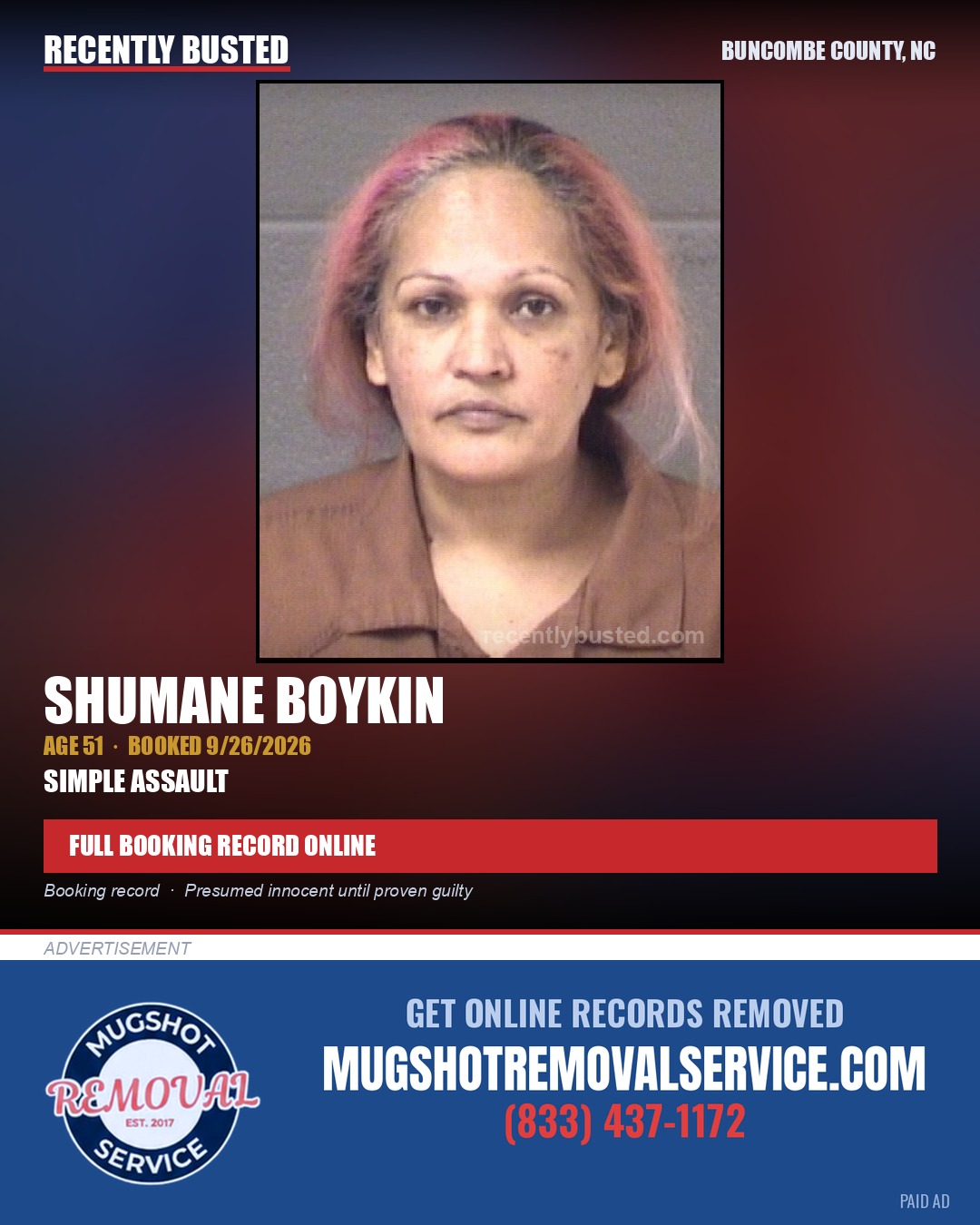 SHUMANE BOYKIN — arrest record card, Buncombe County, North Carolina