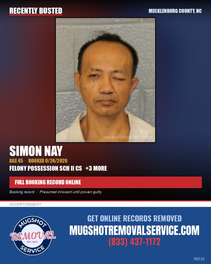 SIMON NAY — arrest record card, Mecklenburg County, North Carolina