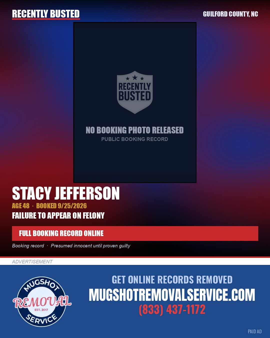 STACY JEFFERSON — arrest record card, Guilford County, North Carolina