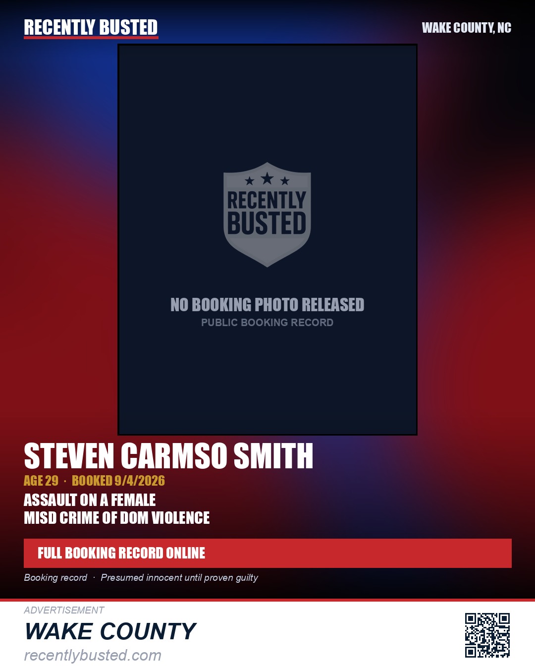 STEVEN CARMSO SMITH — arrest record card, Wake County, North Carolina