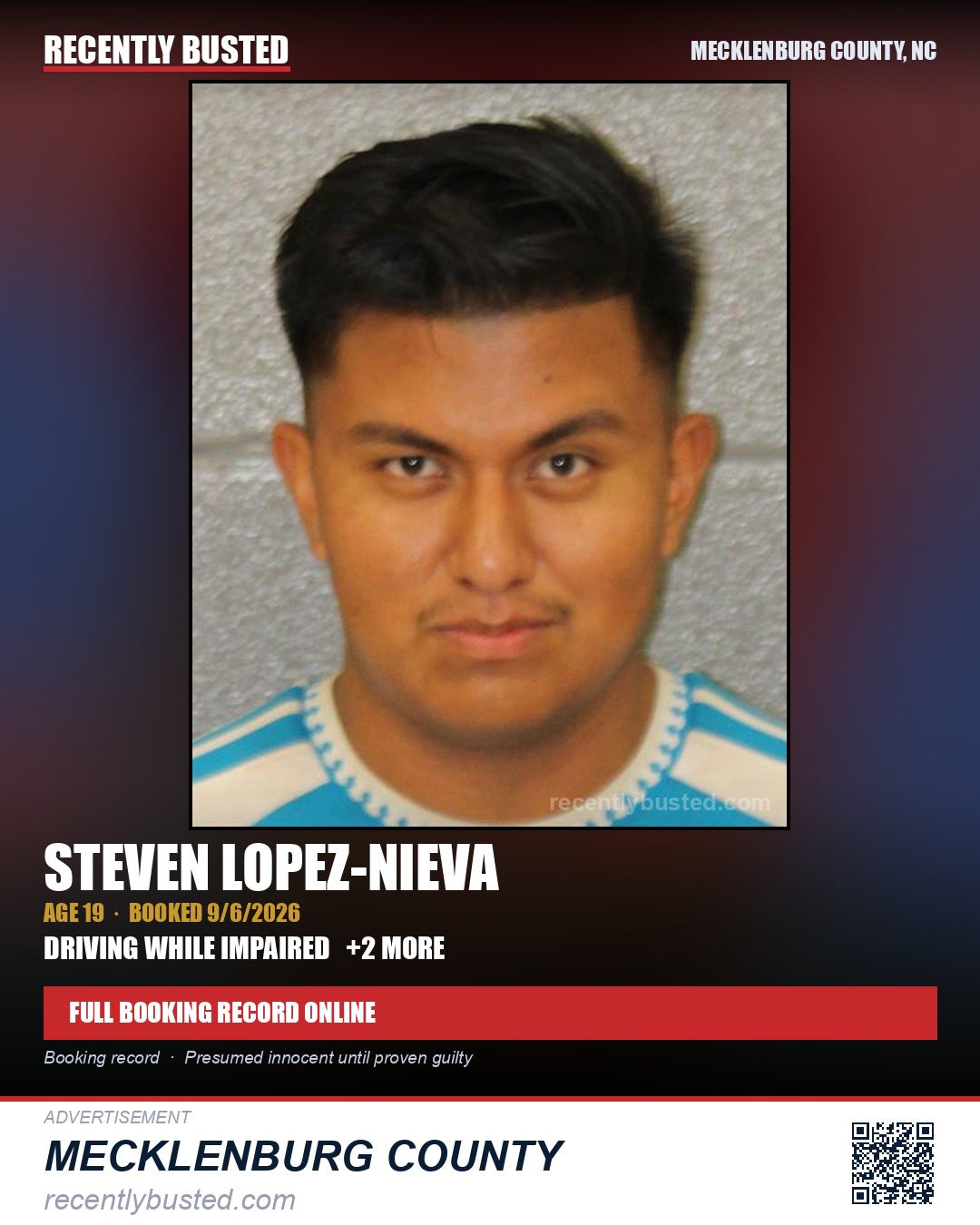 STEVEN LOPEZ-NIEVA — arrest record card, Mecklenburg County, North Carolina