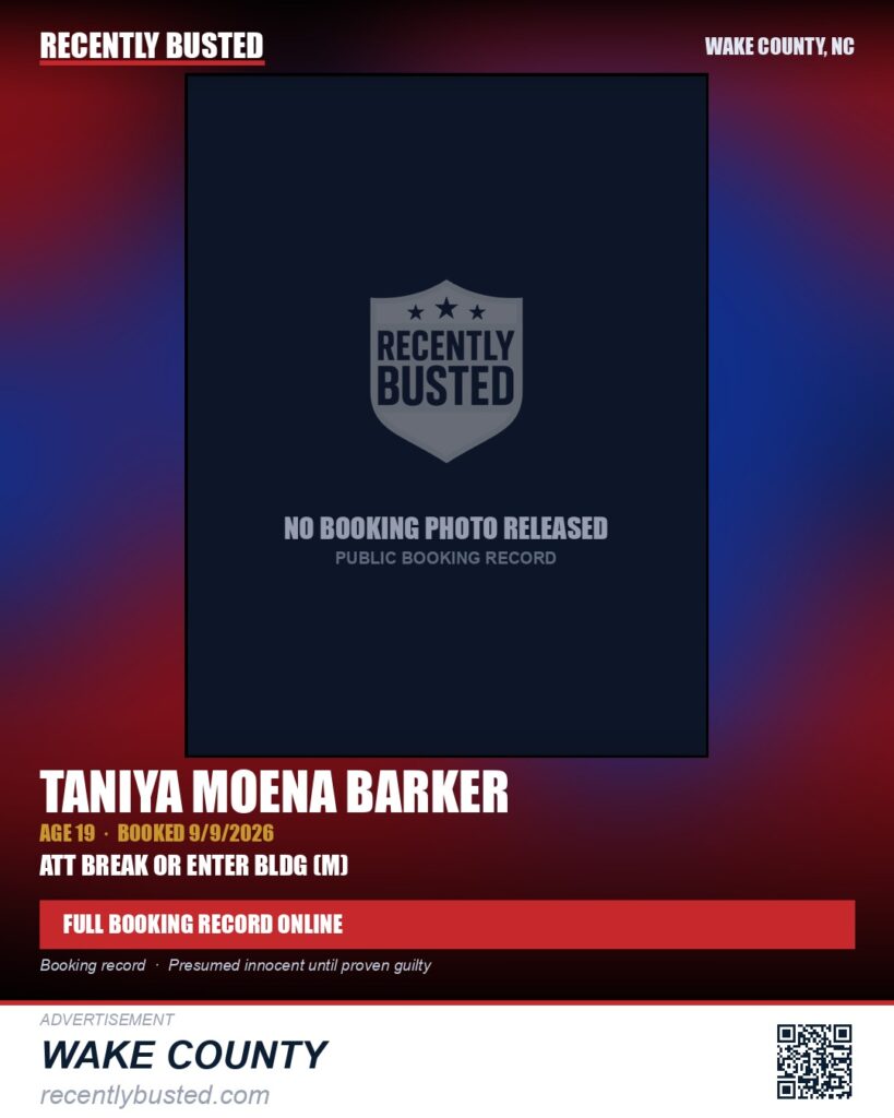 TANIYA MOENA BARKER — arrest record card, Wake County, North Carolina