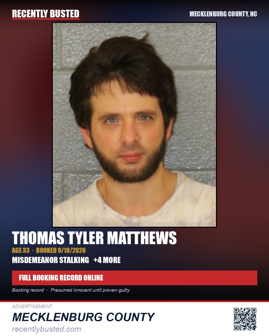 THOMAS TYLER MATTHEWS — arrest record card, Mecklenburg County, North Carolina