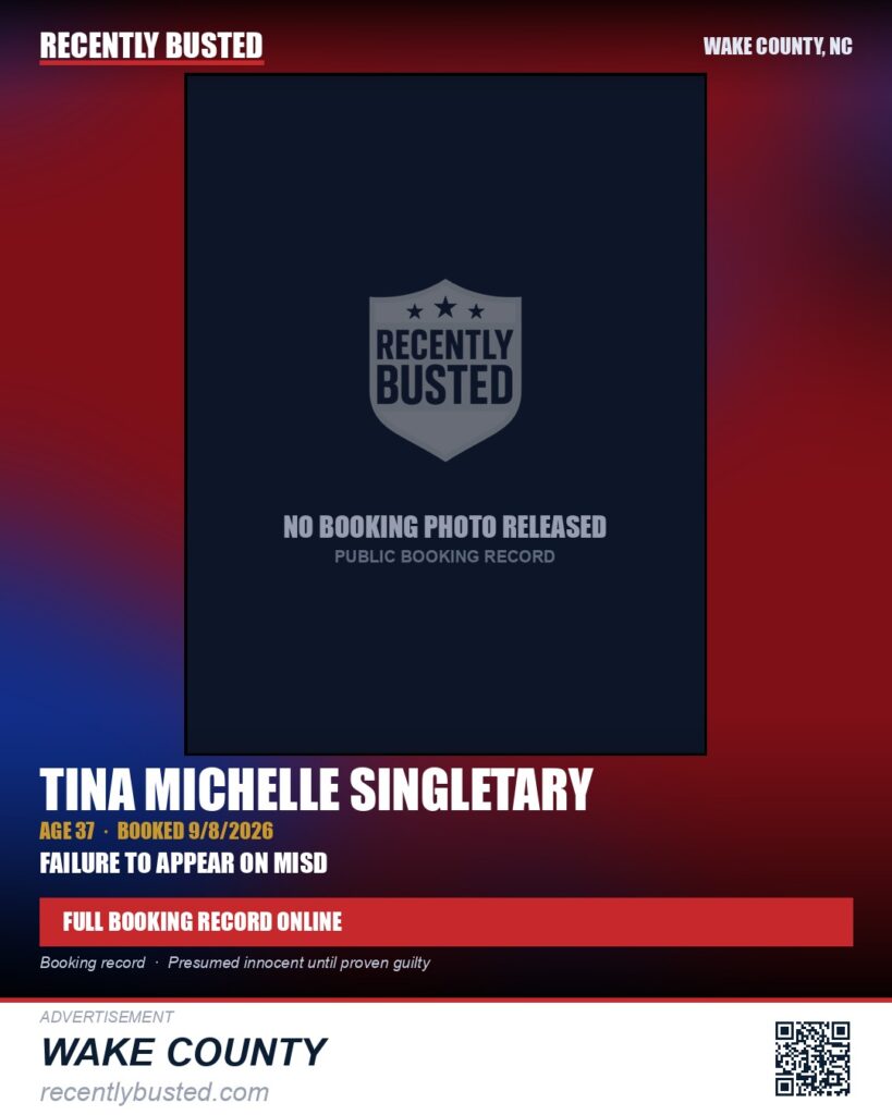 TINA MICHELLE SINGLETARY — arrest record card, Wake County, North Carolina