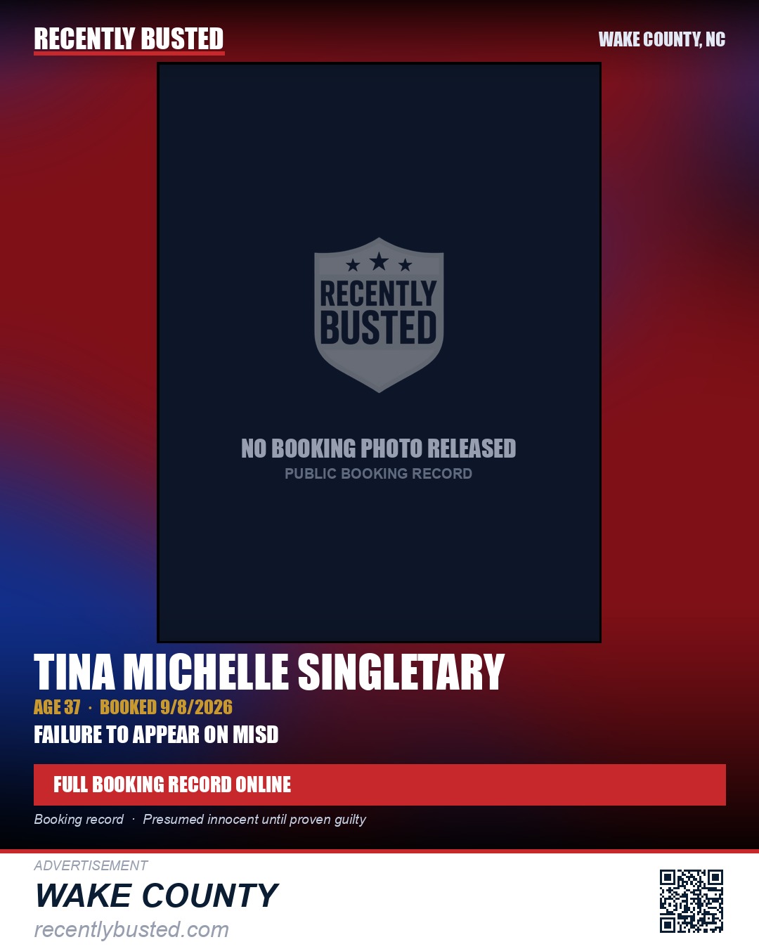 TINA MICHELLE SINGLETARY — arrest record card, Wake County, North Carolina