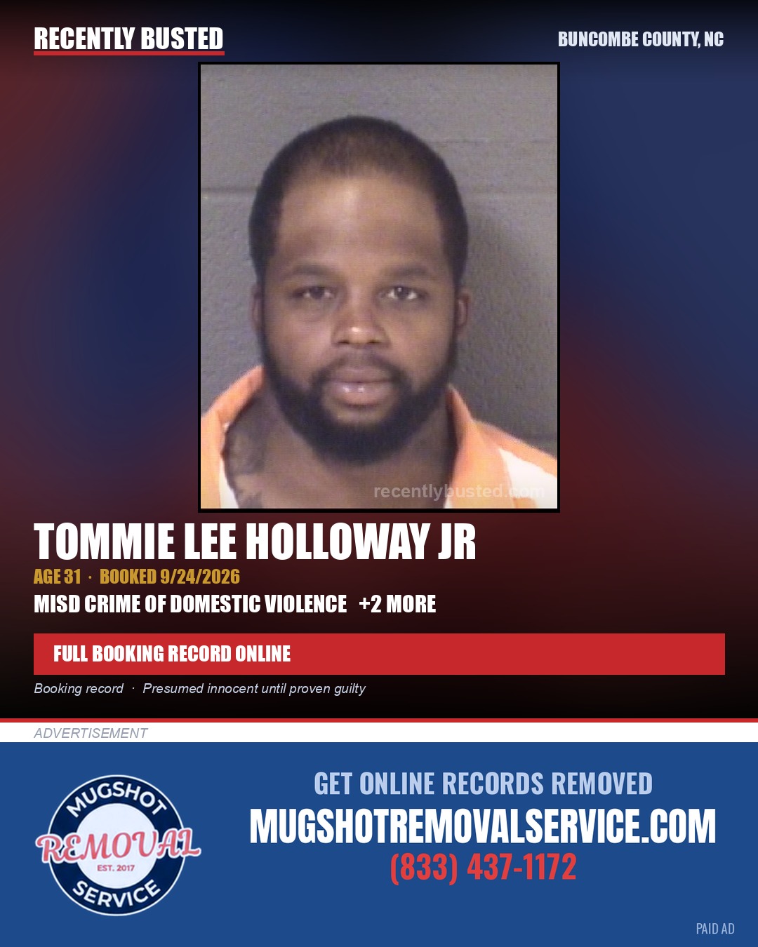 TOMMIE LEE HOLLOWAY JR — arrest record card, Buncombe County, North Carolina