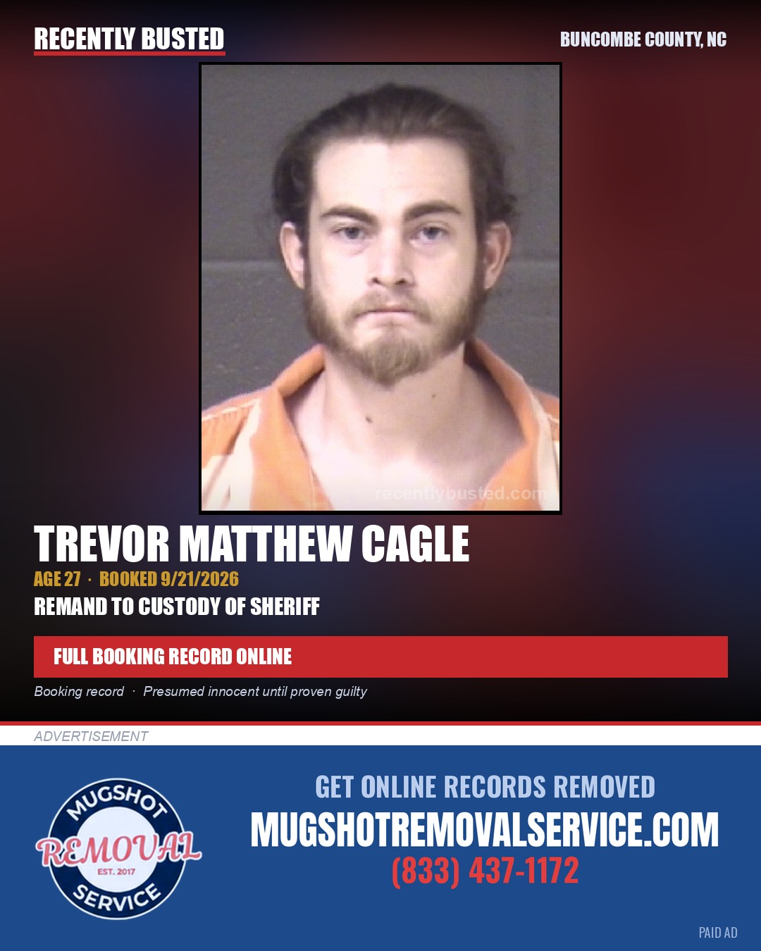 TREVOR MATTHEW CAGLE — arrest record card, Buncombe County, North Carolina