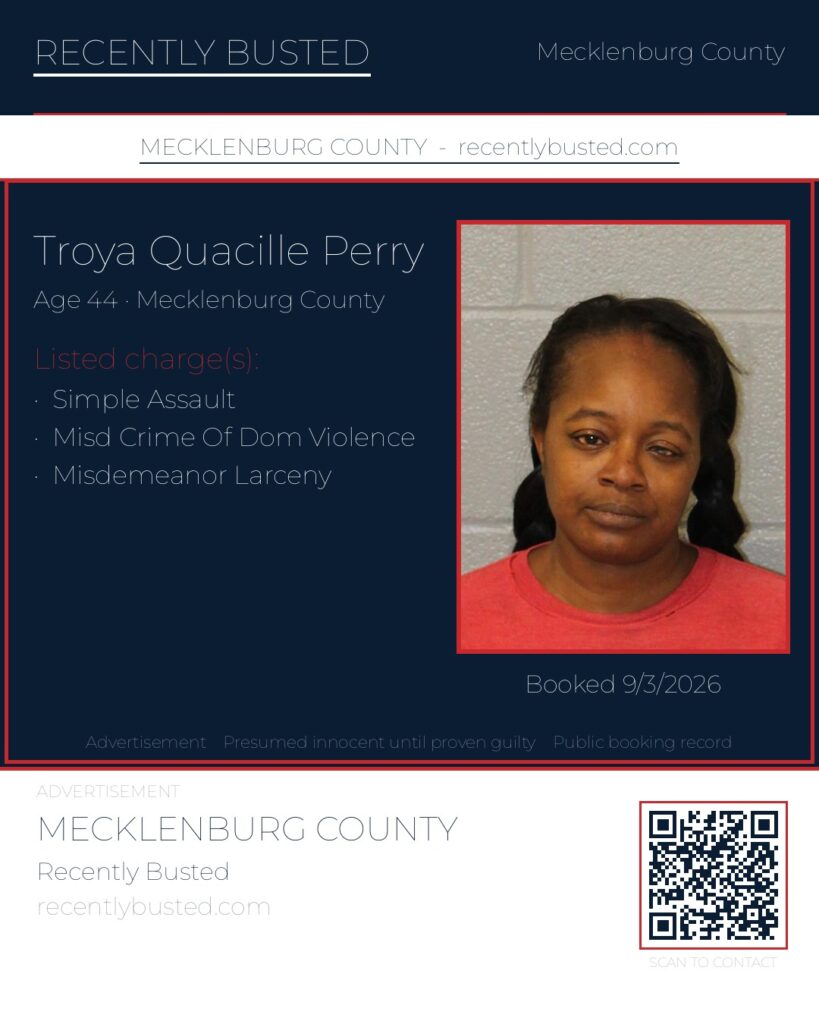 TROYA QUACILLE PERRY — arrest record card, Mecklenburg County, North Carolina