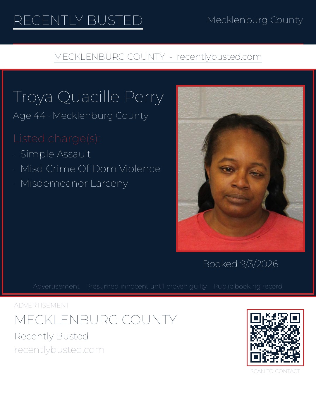 TROYA QUACILLE PERRY — arrest record card, Mecklenburg County, North Carolina