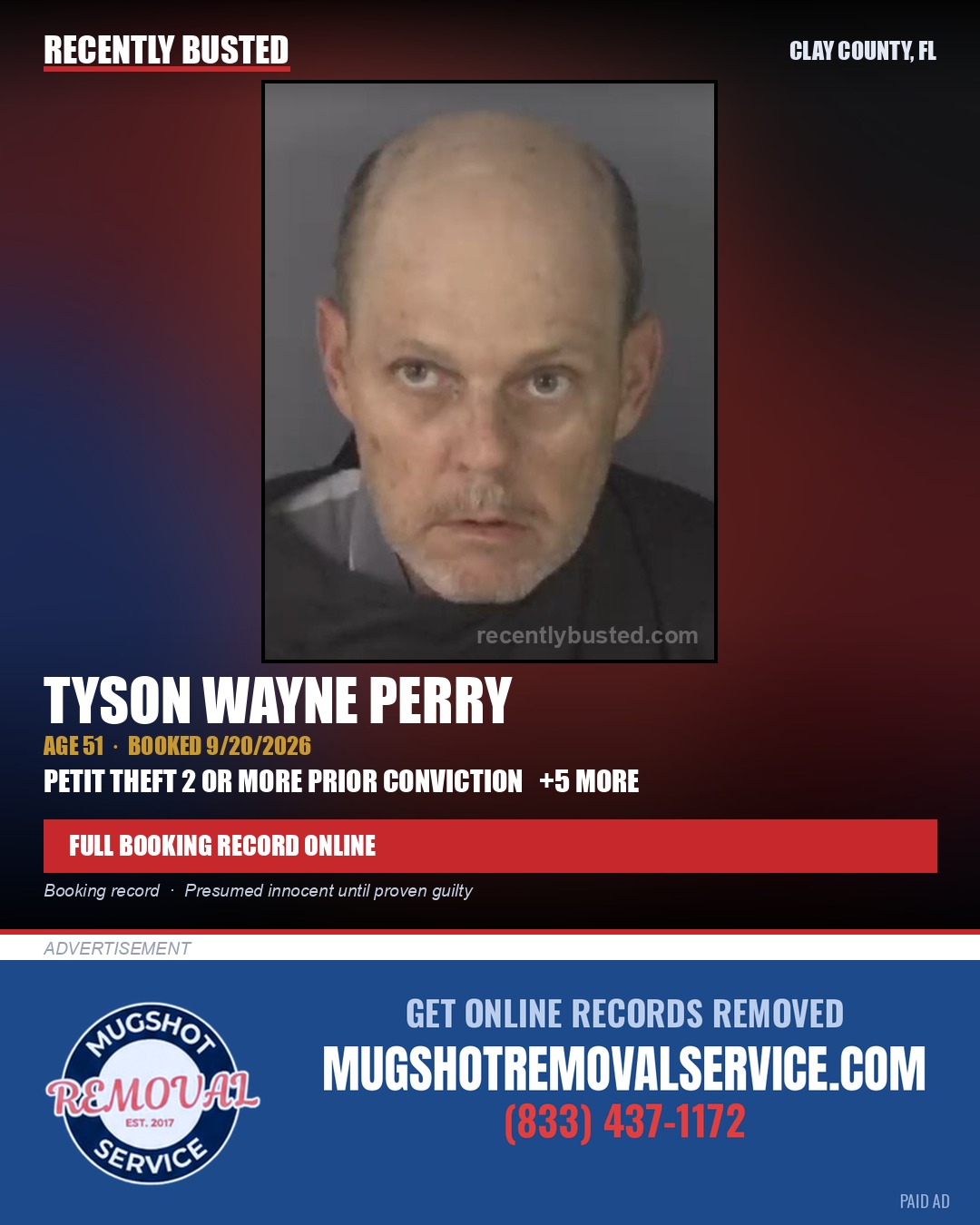 TYSON WAYNE PERRY — arrest record card, Clay County, Florida