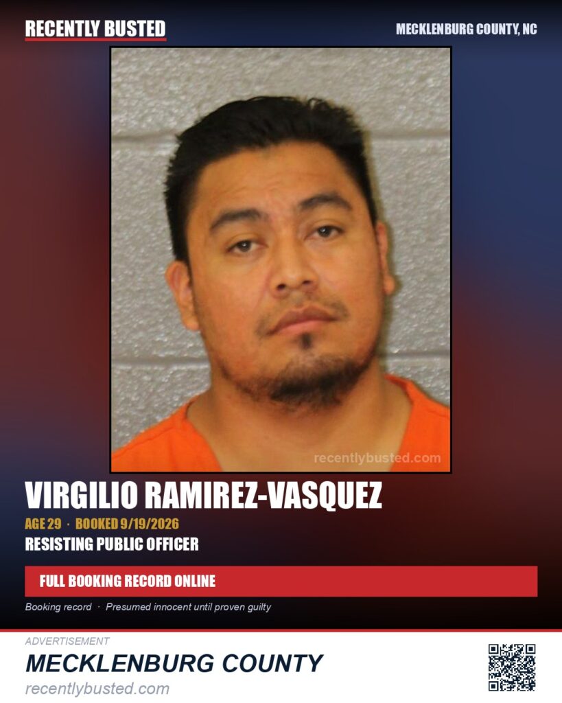 VIRGILIO RAMIREZ-VASQUEZ — arrest record card, Mecklenburg County, North Carolina