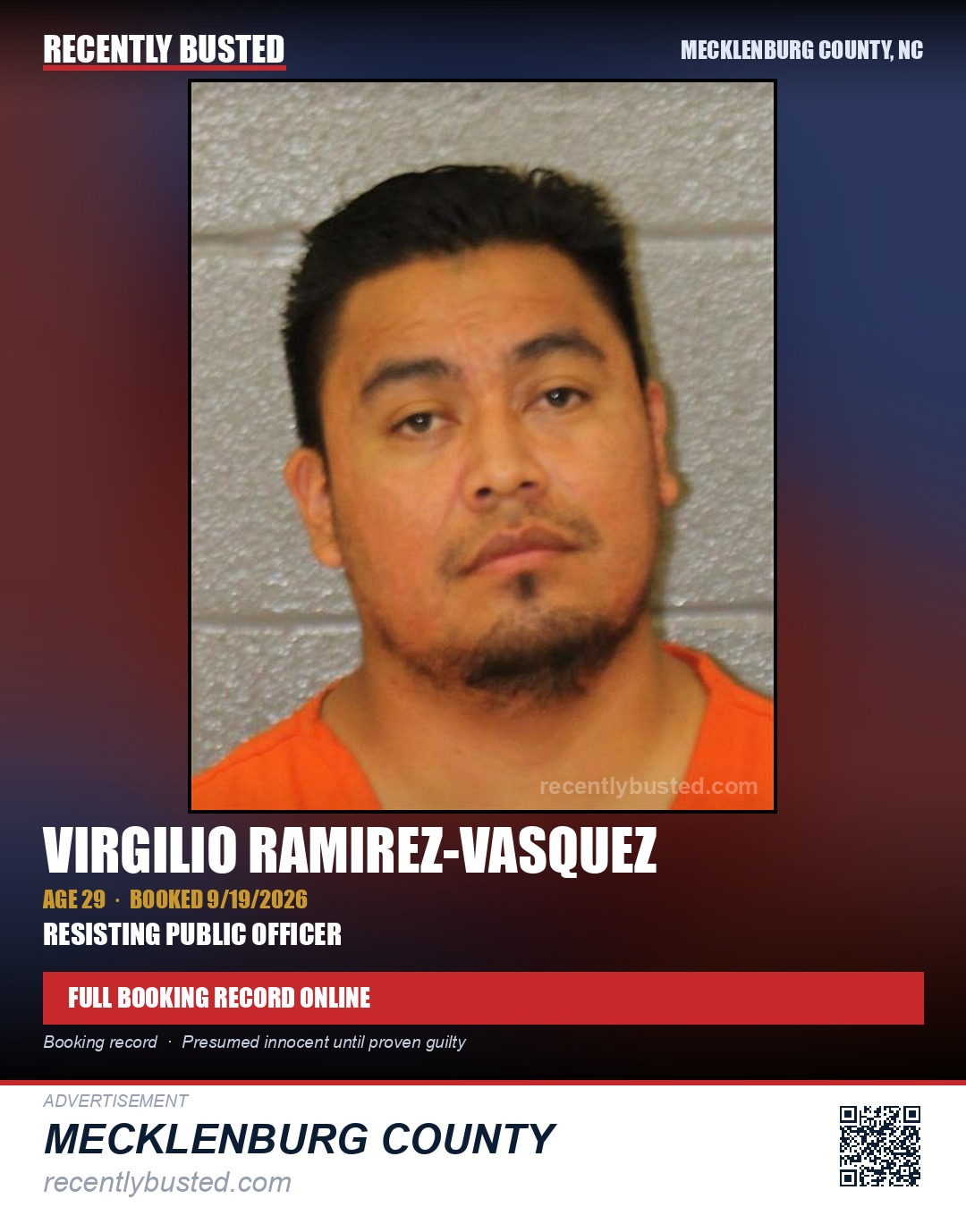 VIRGILIO RAMIREZ-VASQUEZ — arrest record card, Mecklenburg County, North Carolina