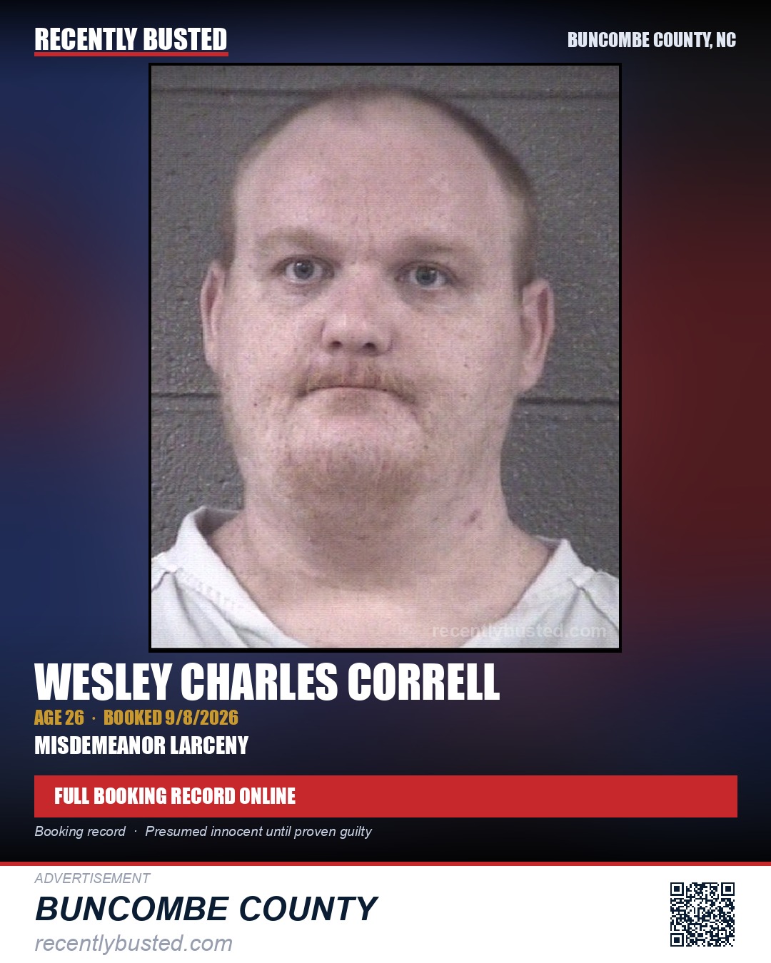 WESLEY CHARLES CORRELL — arrest record card, Buncombe County, North Carolina