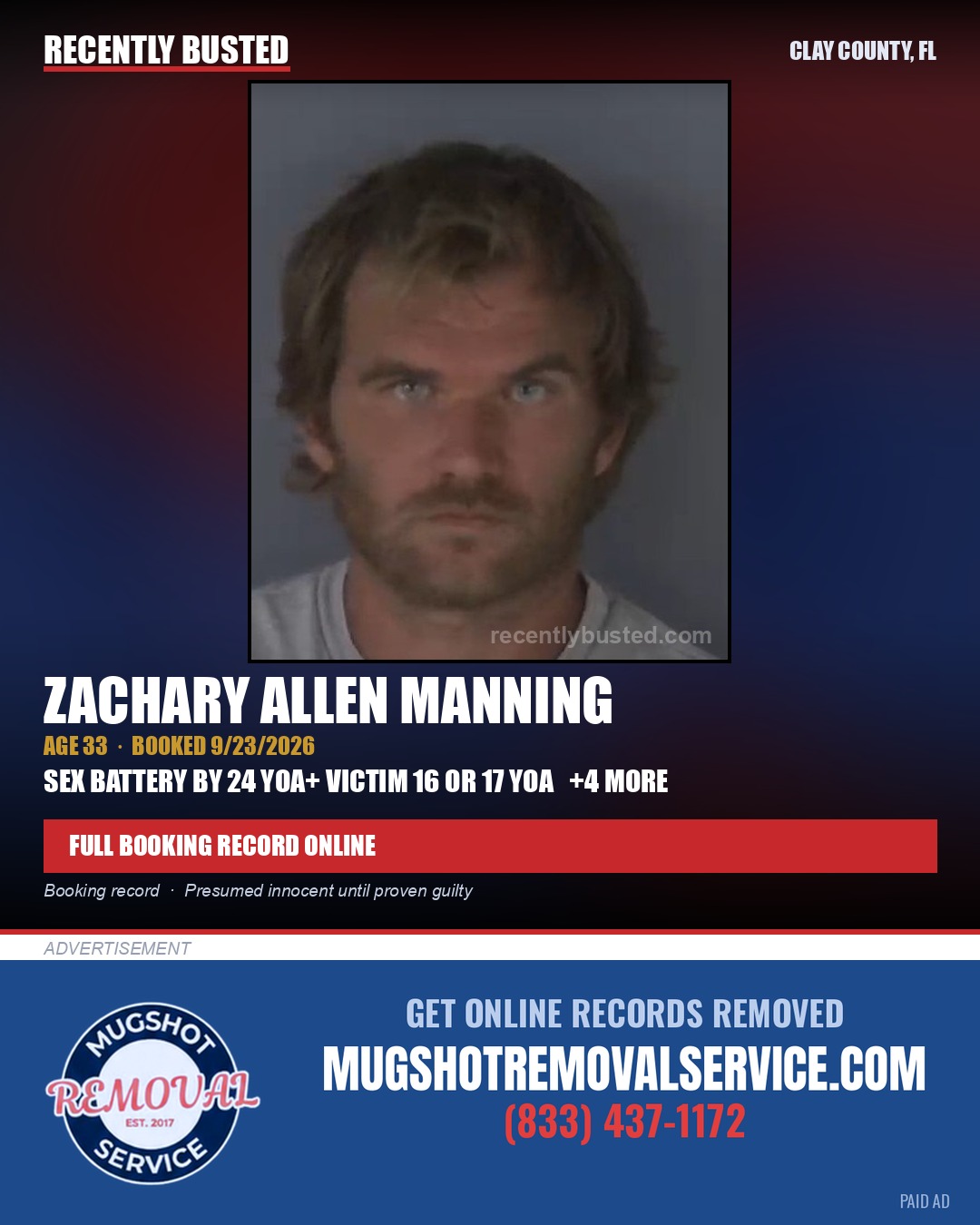 ZACHARY ALLEN MANNING — arrest record card, Clay County, Florida