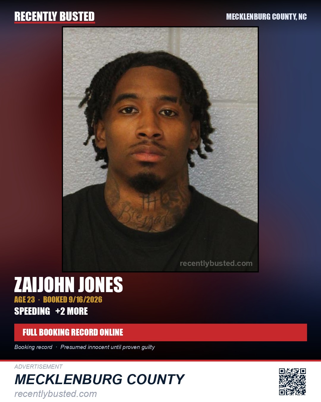 ZAIJOHN JONES — arrest record card, Mecklenburg County, North Carolina
