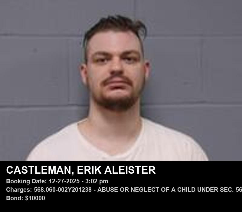 ERIK ALEISTER CASTLEMAN — arrest record card, Johnson County, Missouri