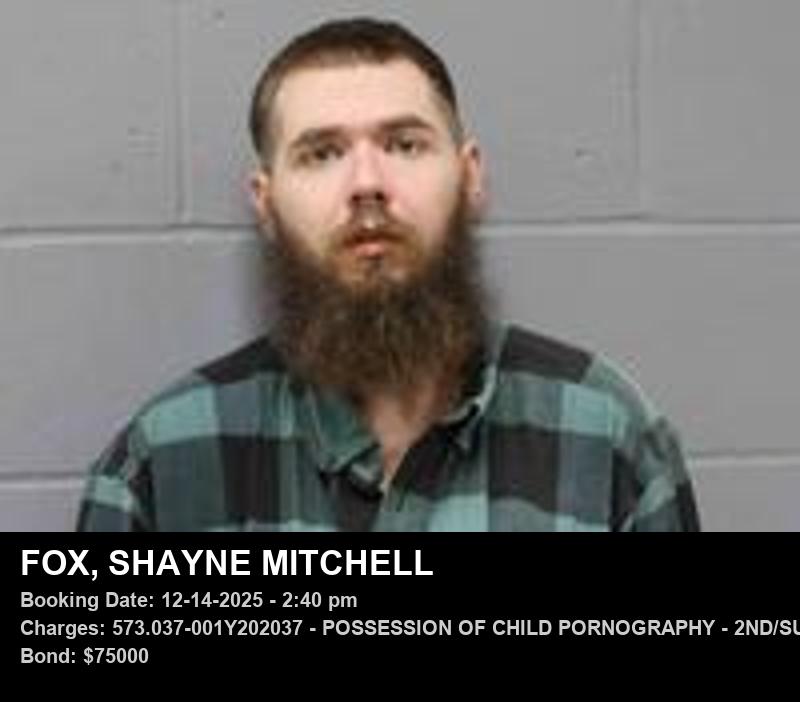 SHAYNE MITCHELL FOX — arrest record card, Johnson County, Missouri