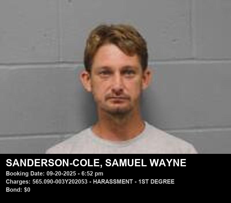 SAMUEL WAYNE SANDERSON-COLE — arrest record card, Johnson County, Missouri