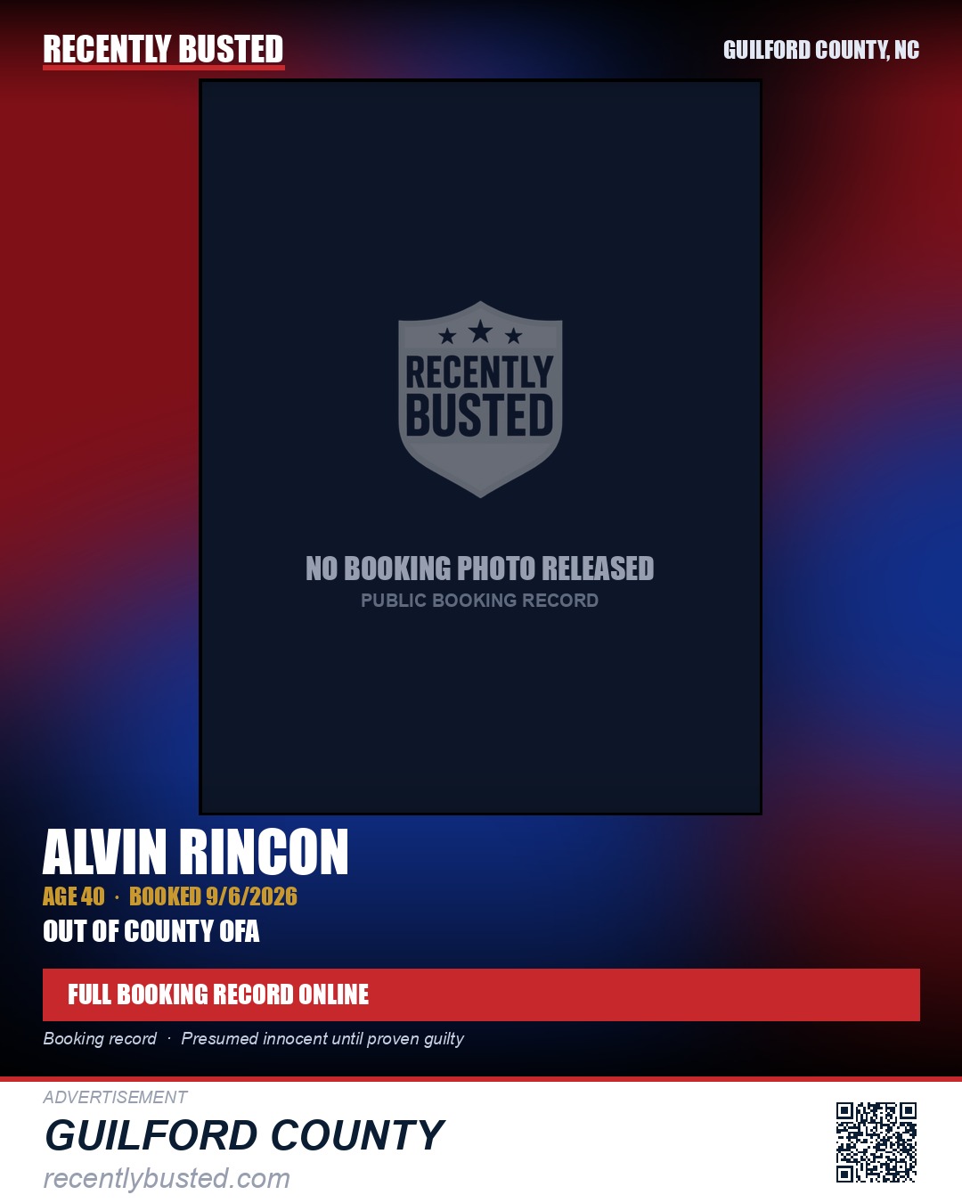 ALVIN RINCON — arrest record card, Guilford County, North Carolina
