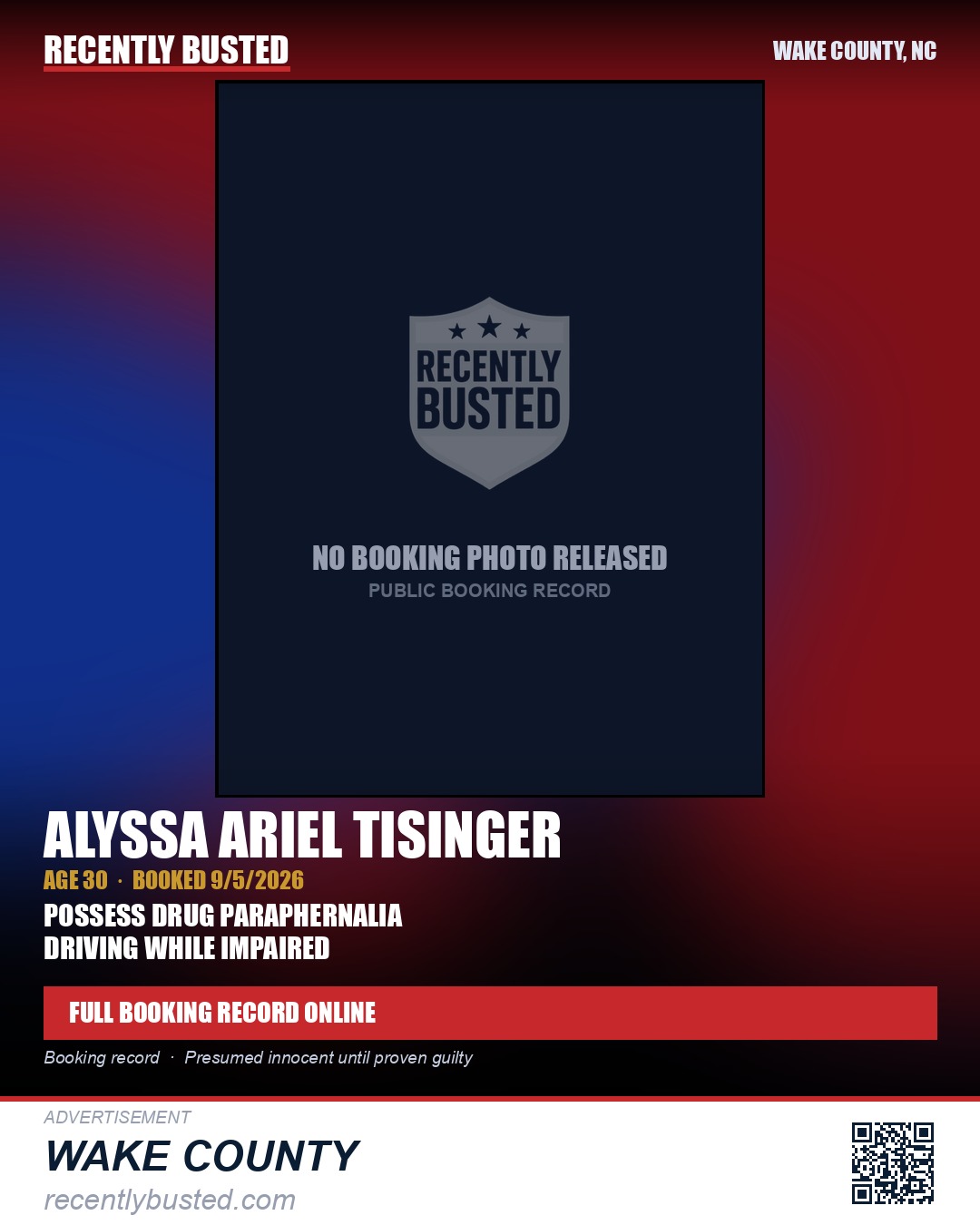ALYSSA ARIEL TISINGER — arrest record card, Wake County, North Carolina