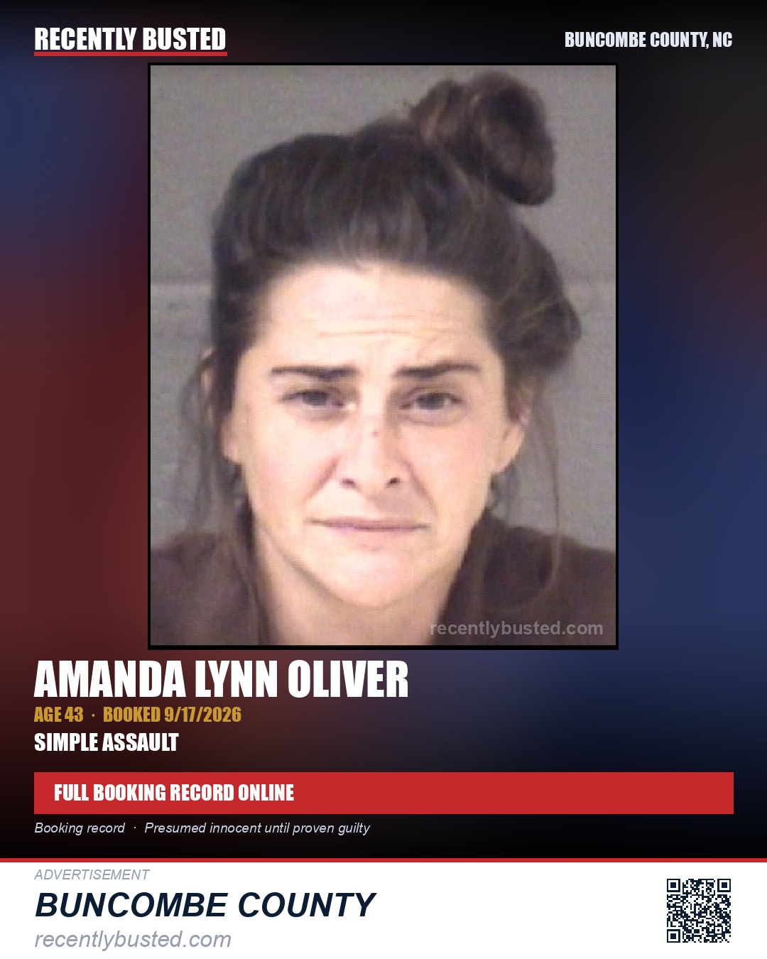 AMANDA LYNN OLIVER — arrest record card, Buncombe County, North Carolina