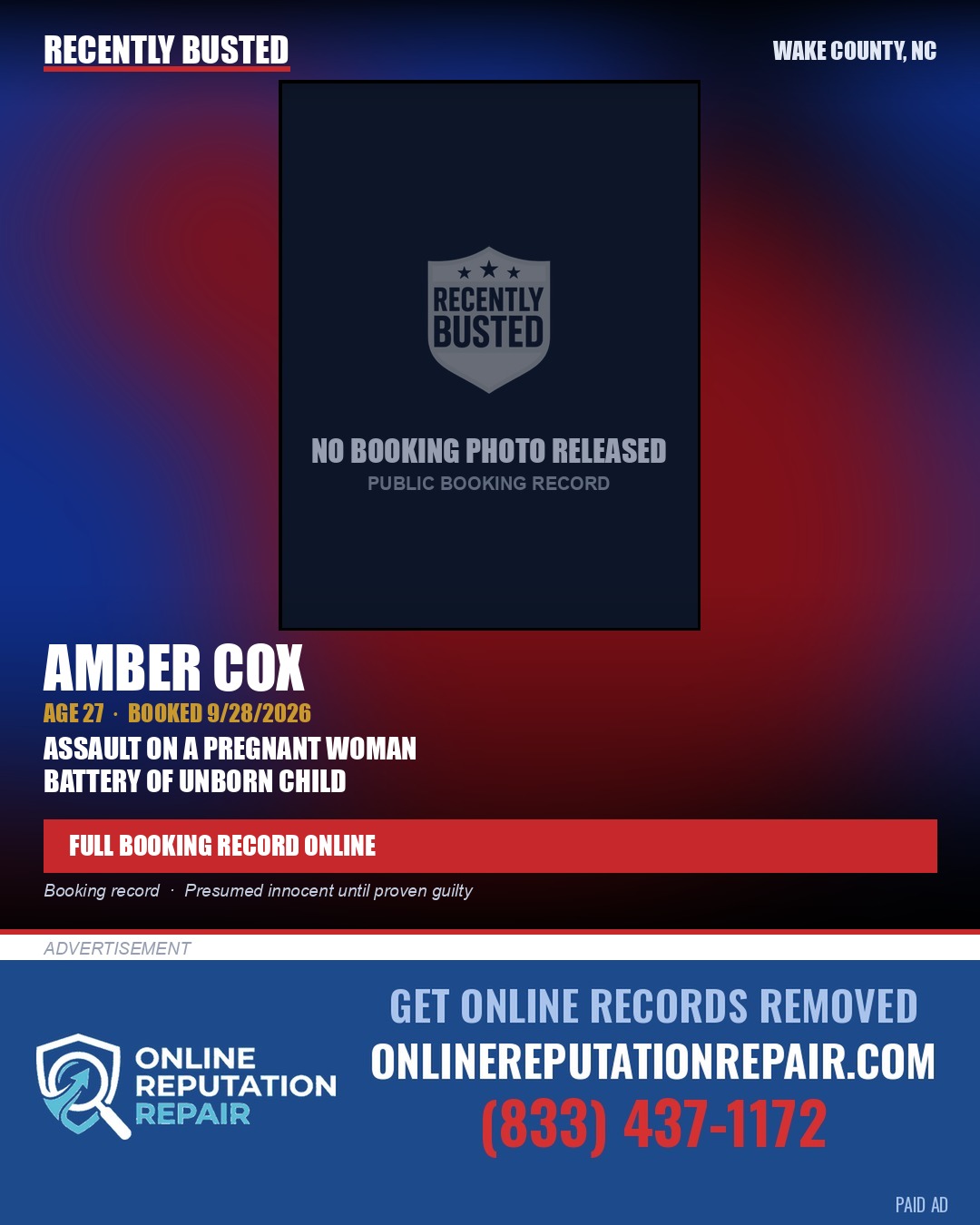 AMBER COX — arrest record card, Wake County, North Carolina
