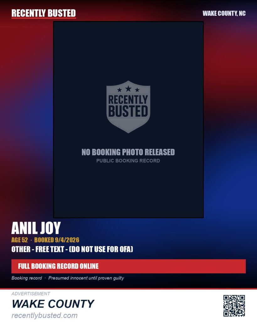 ANIL JOY — arrest record card, Wake County, North Carolina