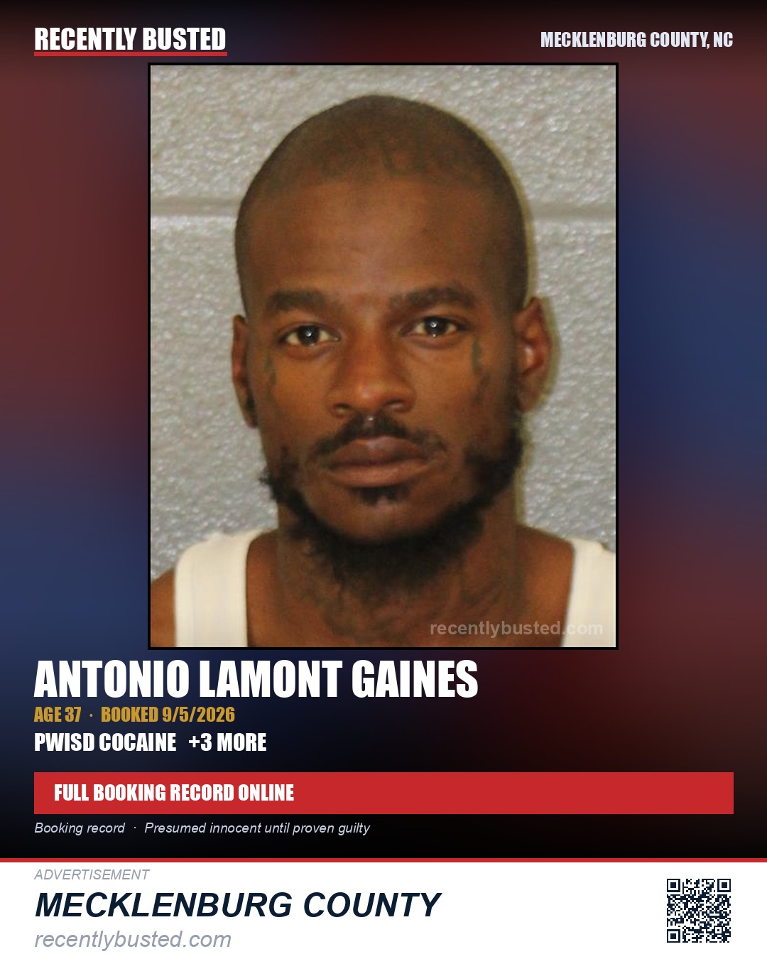 ANTONIO LAMONT GAINES — arrest record card, Mecklenburg County, North Carolina