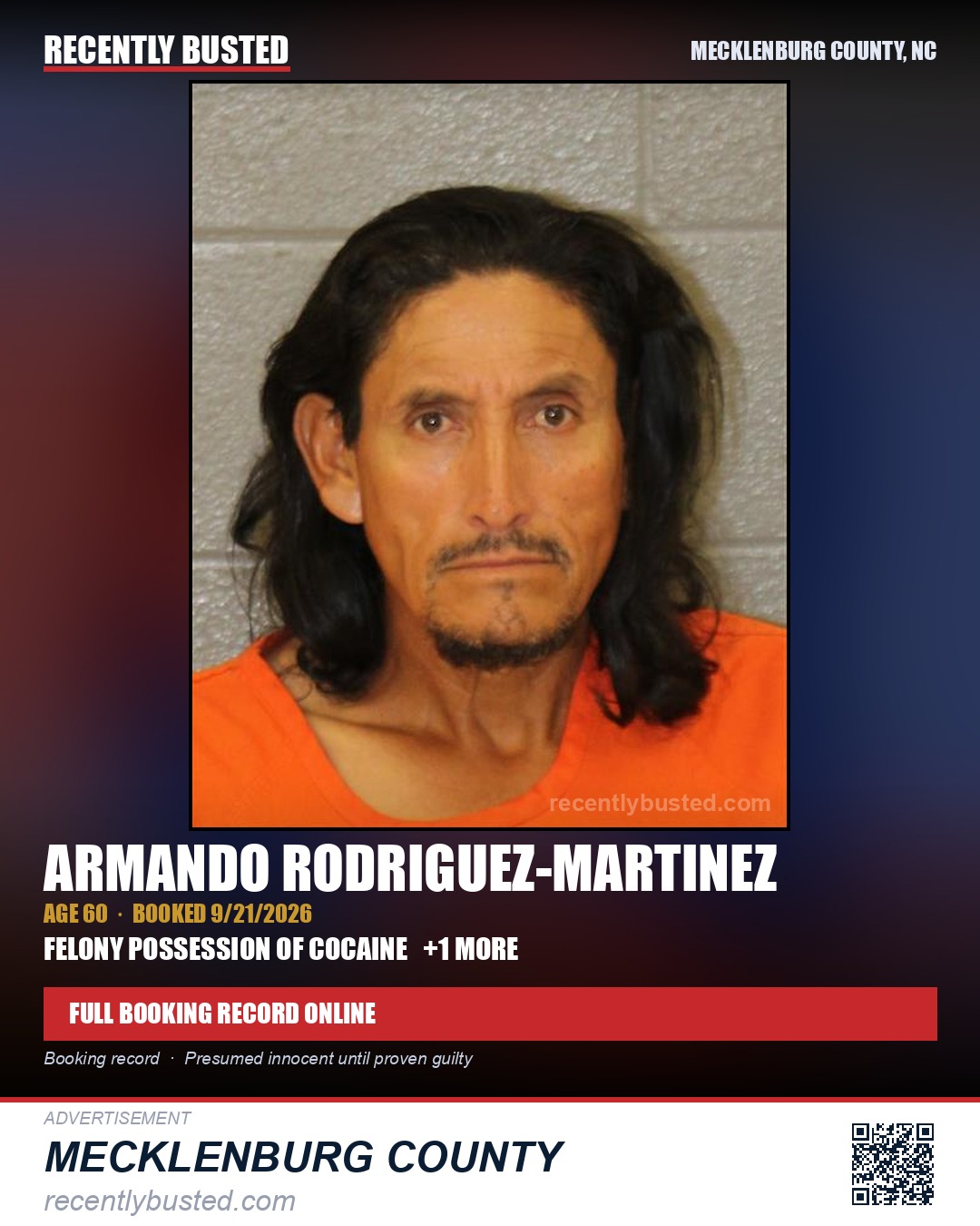 ARMANDO RODRIGUEZ-MARTINEZ — arrest record card, Mecklenburg County, North Carolina