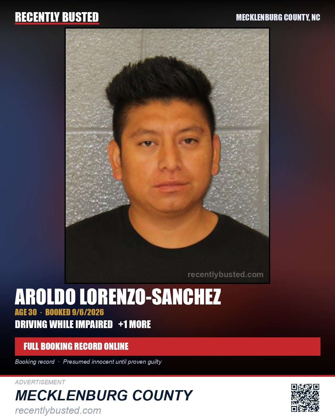 AROLDO LORENZO-SANCHEZ — arrest record card, Mecklenburg County, North Carolina