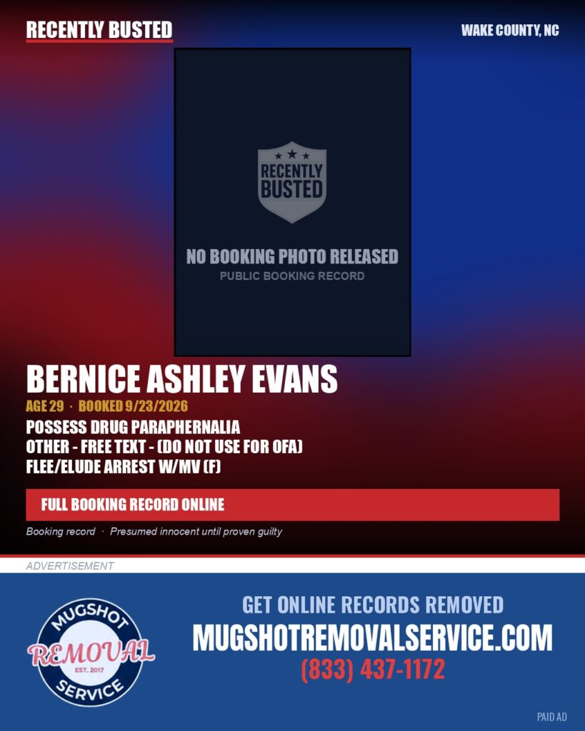 BERNICE ASHLEY EVANS — arrest record card, Wake County, North Carolina