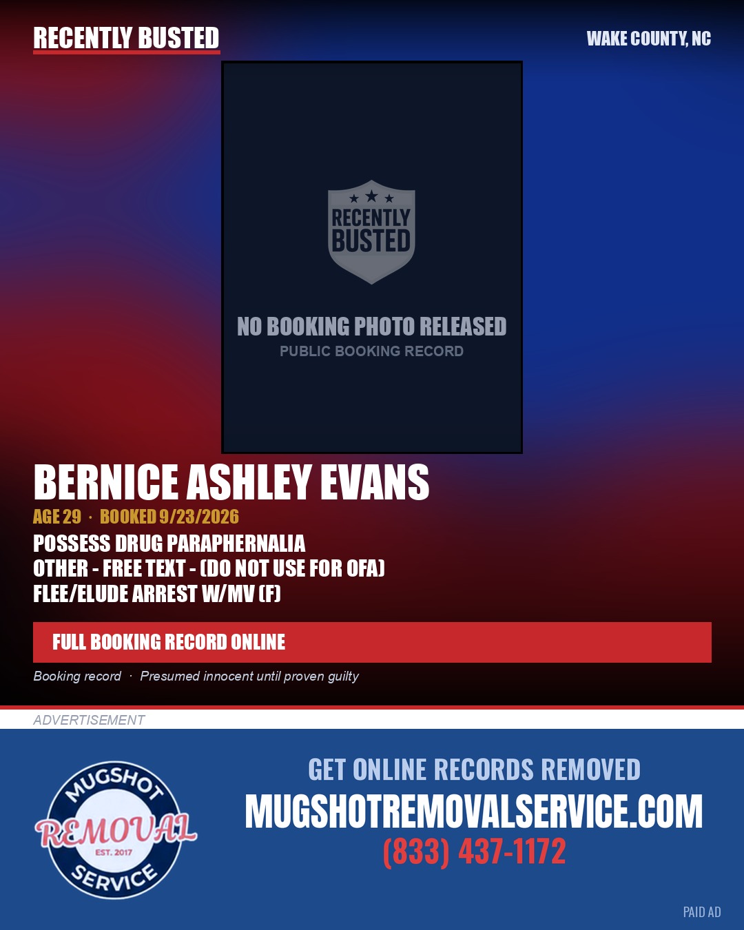 BERNICE ASHLEY EVANS — arrest record card, Wake County, North Carolina