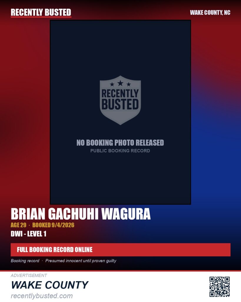 BRIAN GACHUHI WAGURA — arrest record card, Wake County, North Carolina