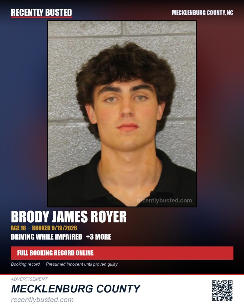 BRODY JAMES ROYER — arrest record card, Mecklenburg County, North Carolina