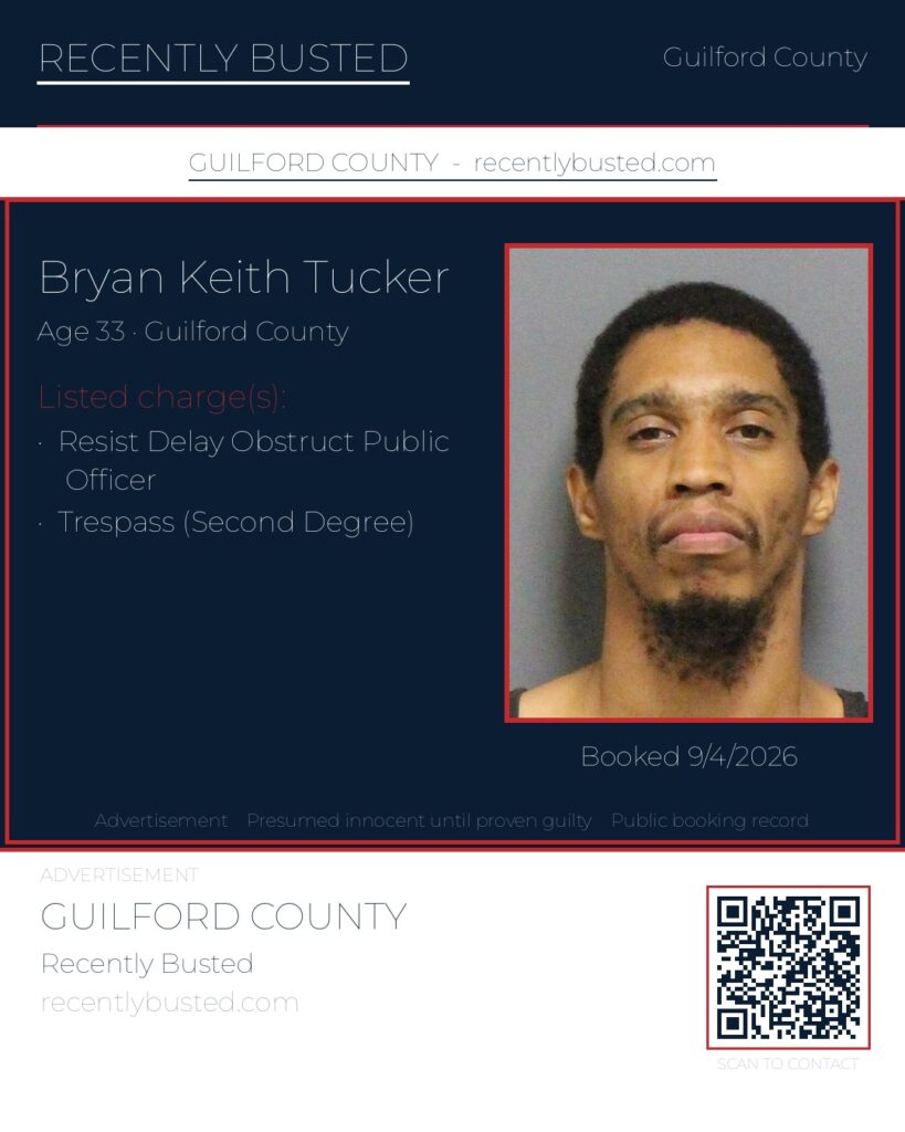 BRYAN KEITH TUCKER — arrest record card, Guilford County, North Carolina