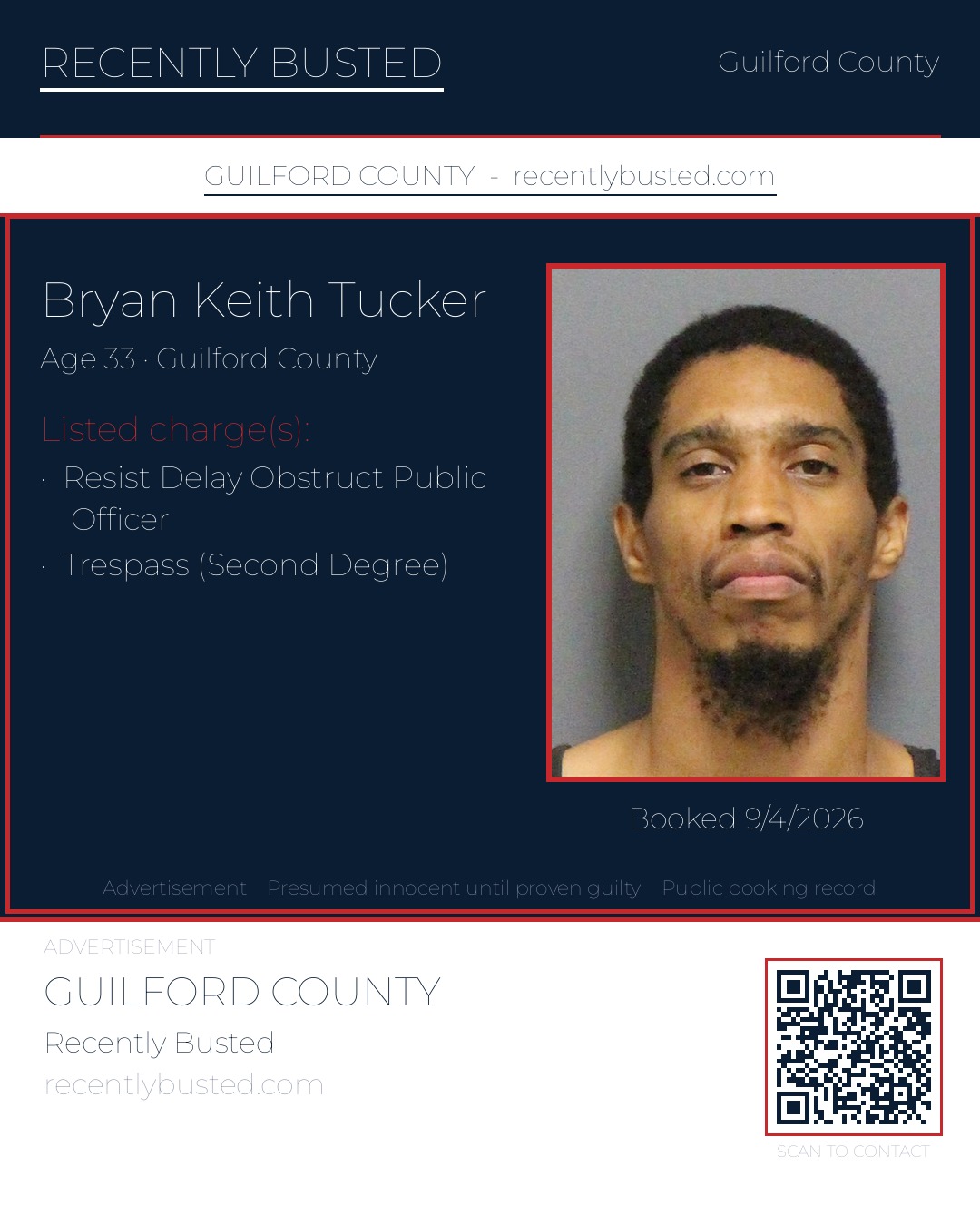 BRYAN KEITH TUCKER — arrest record card, Guilford County, North Carolina