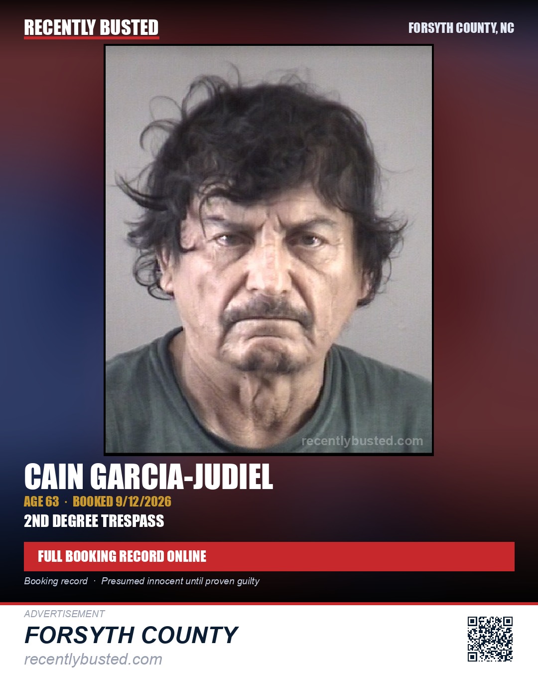 CAIN GARCIA-JUDIEL — arrest record card, Forsyth County, North Carolina