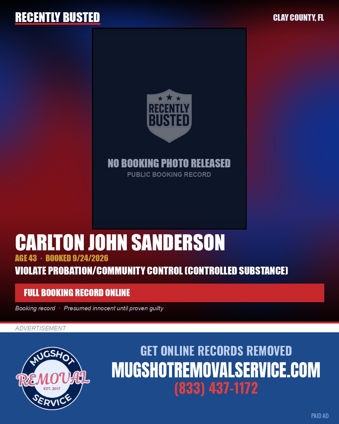 CARLTON JOHN SANDERSON — arrest record card, Clay County, Florida