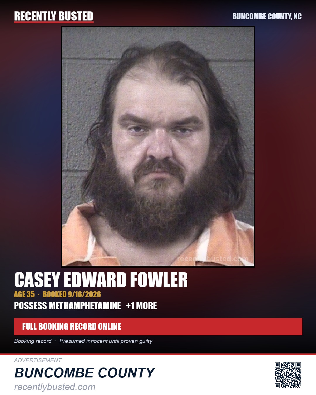 CASEY EDWARD FOWLER — arrest record card, Buncombe County, North Carolina