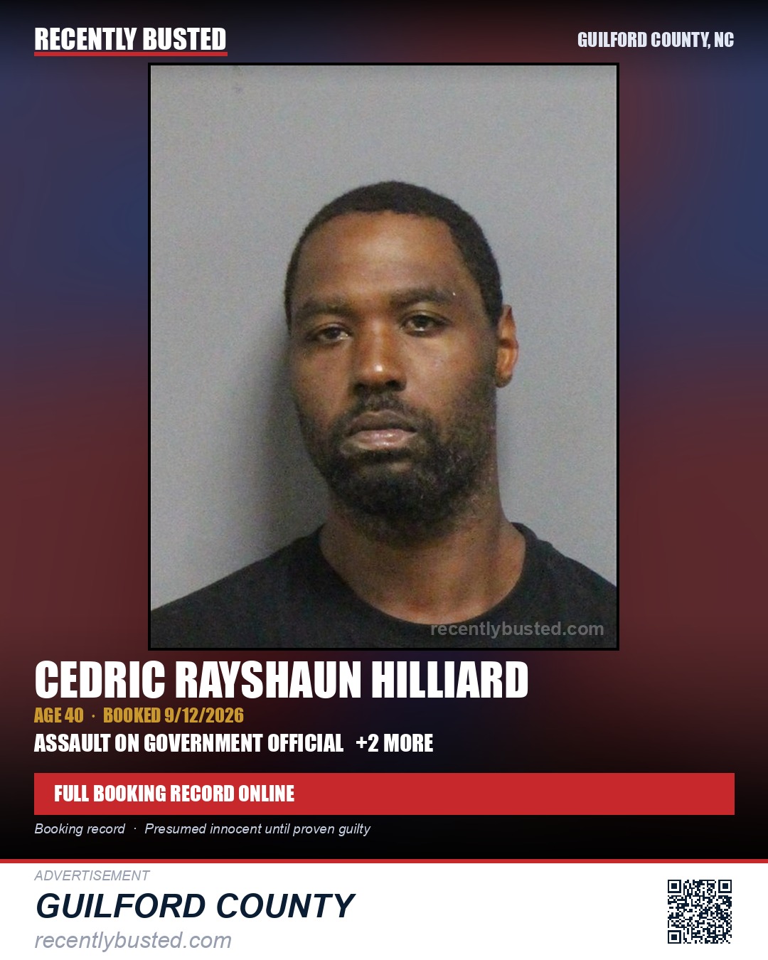 CEDRIC RAYSHAUN HILLIARD — arrest record card, Guilford County, North Carolina