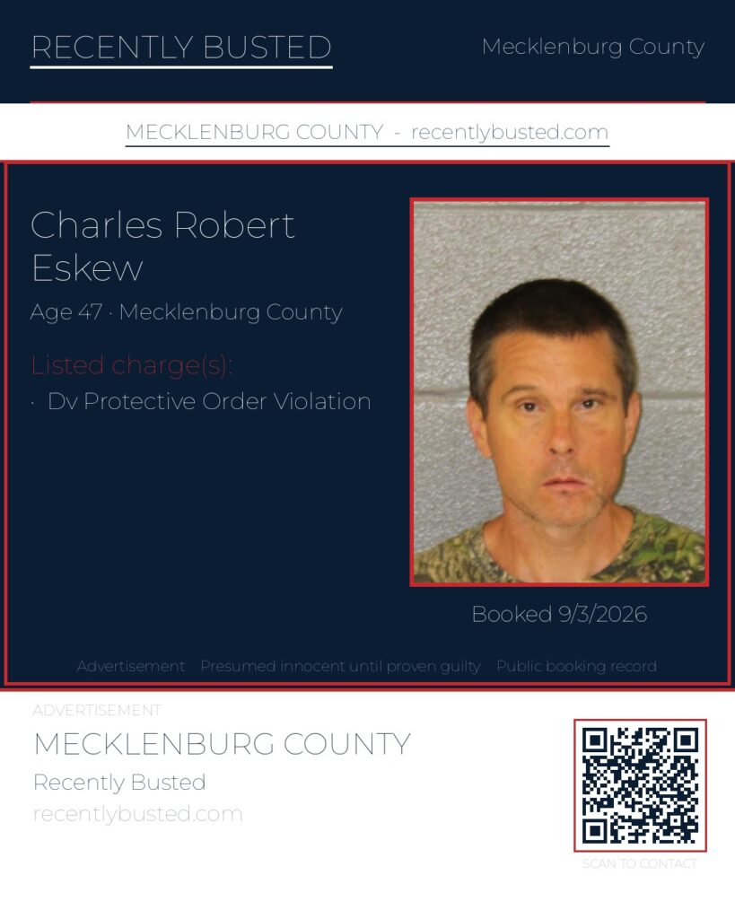 CHARLES ROBERT ESKEW — arrest record card, Mecklenburg County, North Carolina