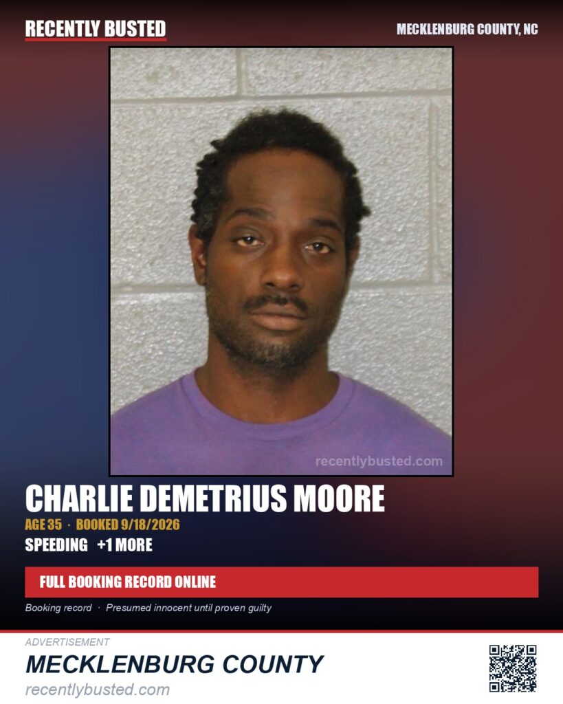 CHARLIE DEMETRIUS MOORE — arrest record card, Mecklenburg County, North Carolina