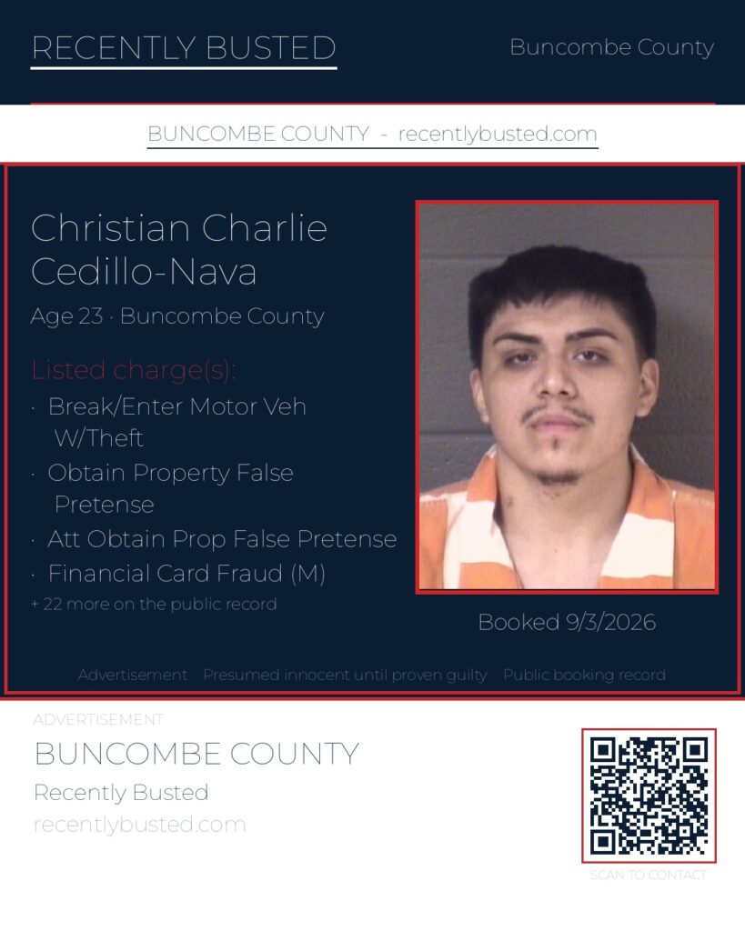 CHRISTIAN CHARLIE CEDILLO-NAVA — arrest record card, Buncombe County, North Carolina