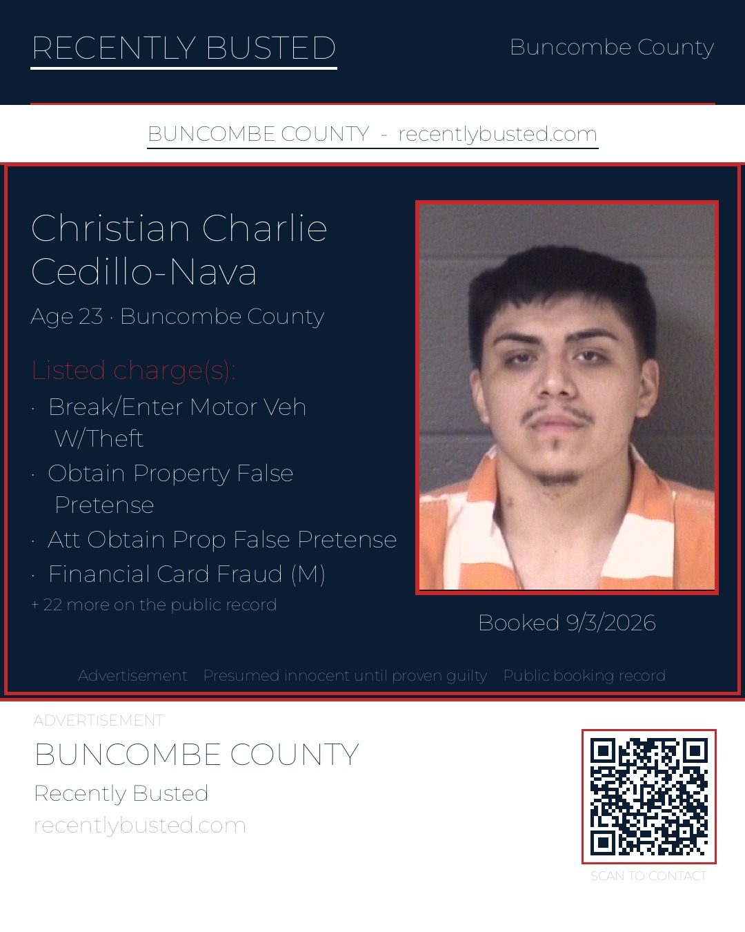 CHRISTIAN CHARLIE CEDILLO-NAVA — arrest record card, Buncombe County, North Carolina
